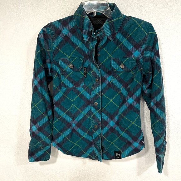 Speed and Strength Womens Reinforced Moto Shirt Teal Plaid Zip and Snap Sz Small - Picture 6 of 13